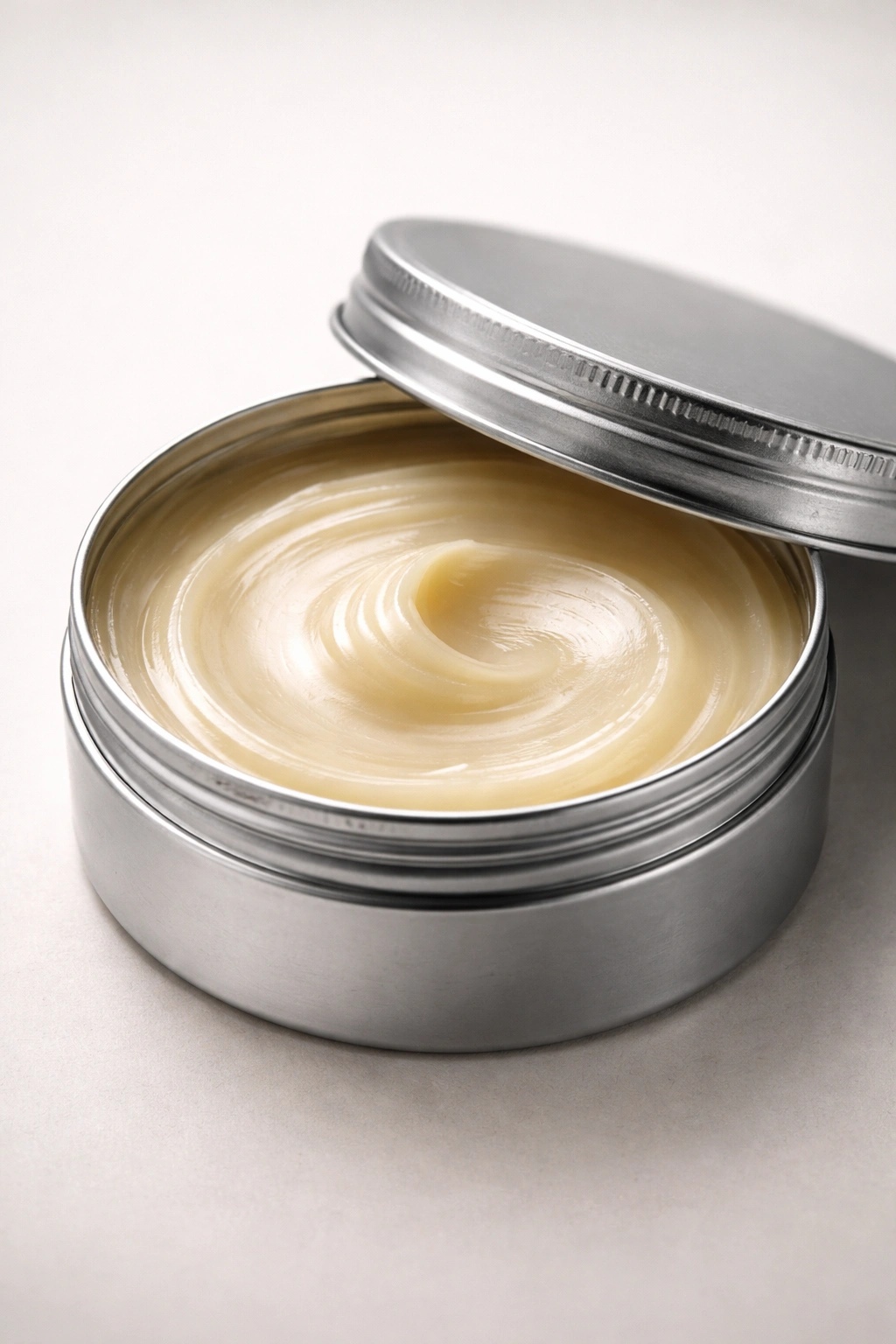 Close-up of a label-free tin of hair pomade with glossy texture.