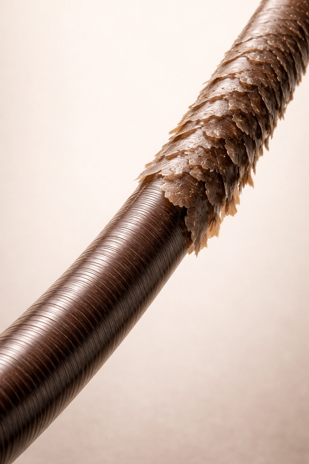 Close-up of a hair strand with smooth low-porosity section transitioning to a porous high-porosity section.