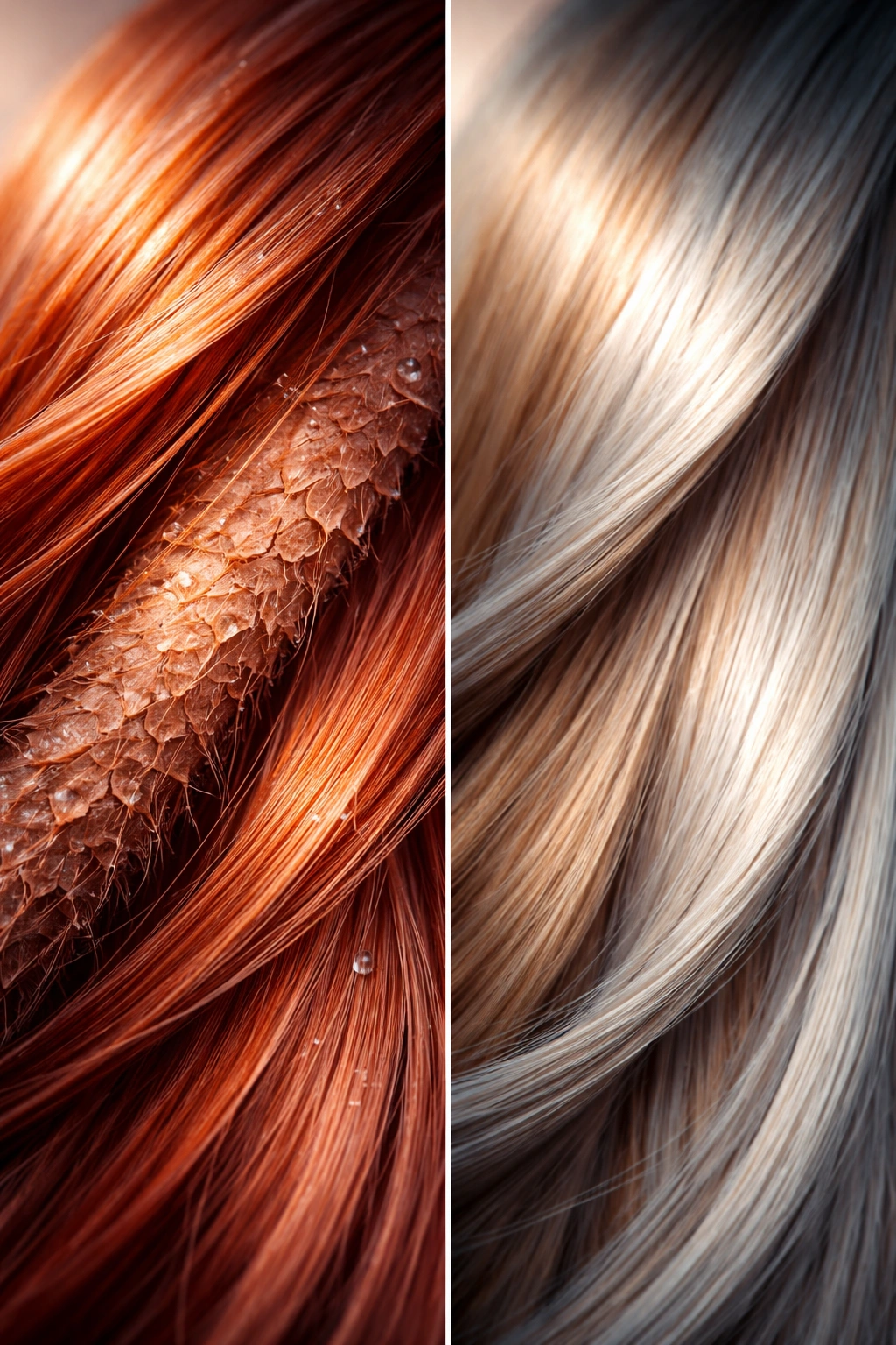 Close-up of hair cuticle porosity affecting color retention