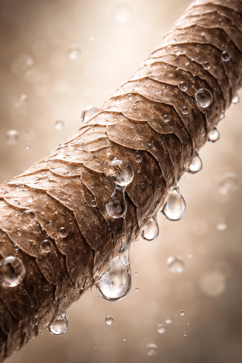 Macro close-up of a single hair strand showing cuticle layers to illustrate porosity