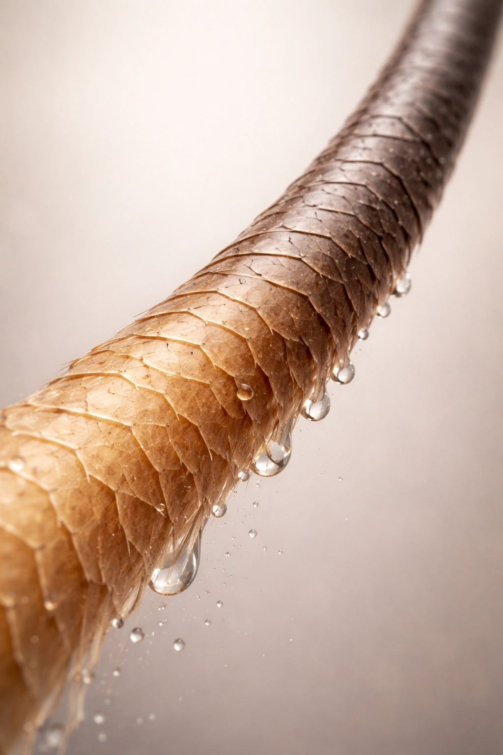 Macro close-up of a hair strand showing cuticle scales to illustrate porosity changes