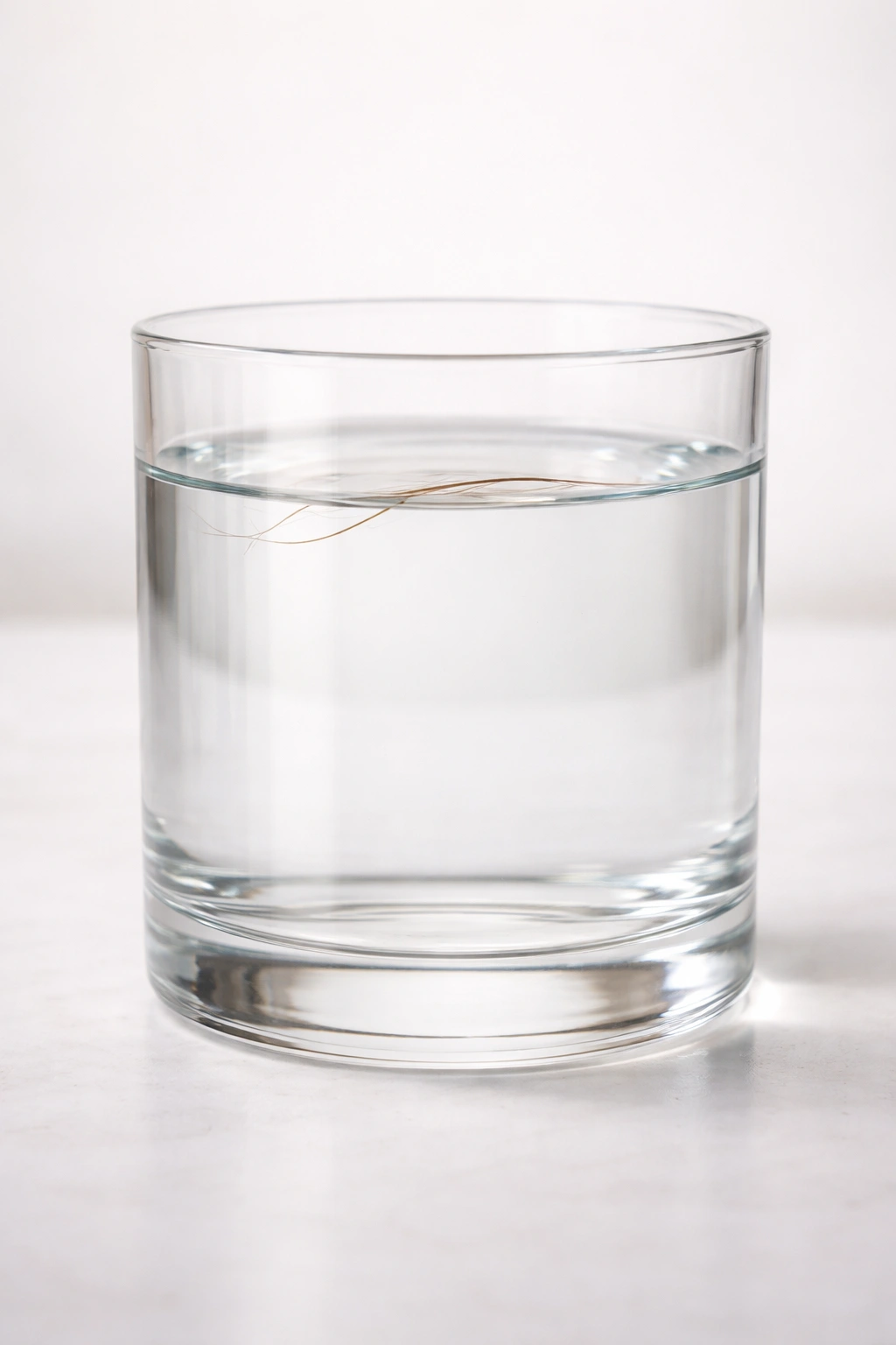 Hair strand floating near water surface in a glass to indicate porosity