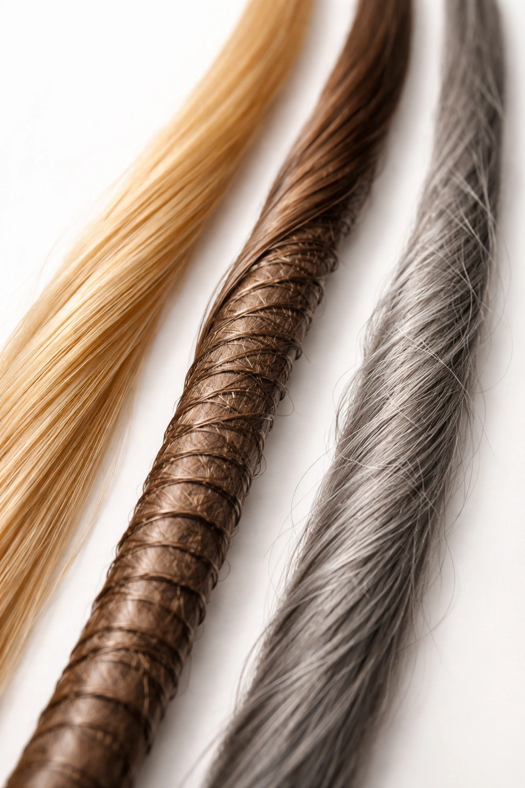 Three hair strands showing different textures to illustrate unique hair needs