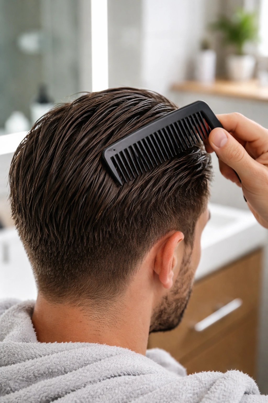 Close-up of damp hair being combed in natural direction for prep.