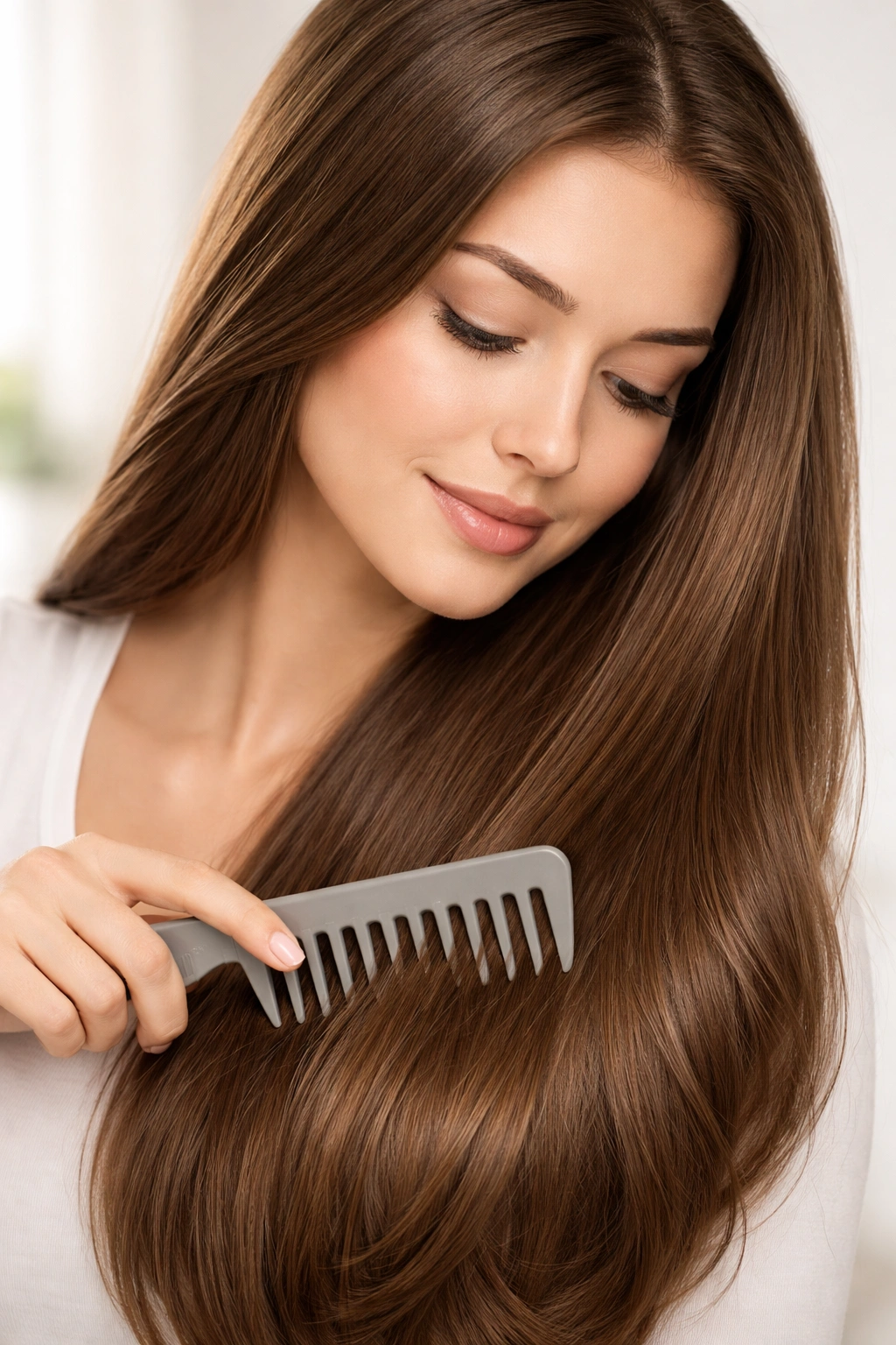 Close-up of clean, dry hair being brushed with a wide-tooth comb
