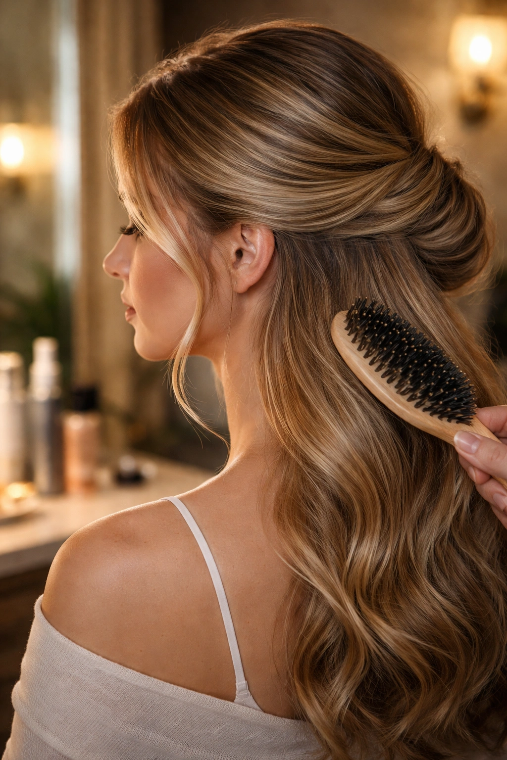 Side profile of a person prepping hair for an updo with gentle brushing
