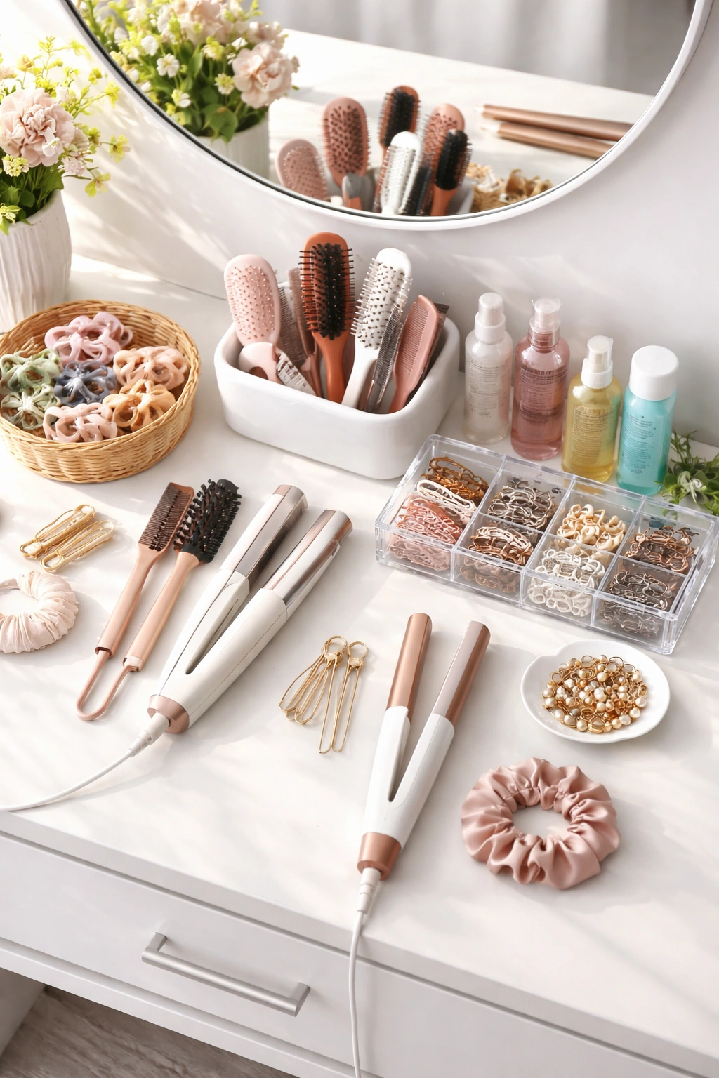 Organized hair prep station with elastics, pins, clips and sprays.