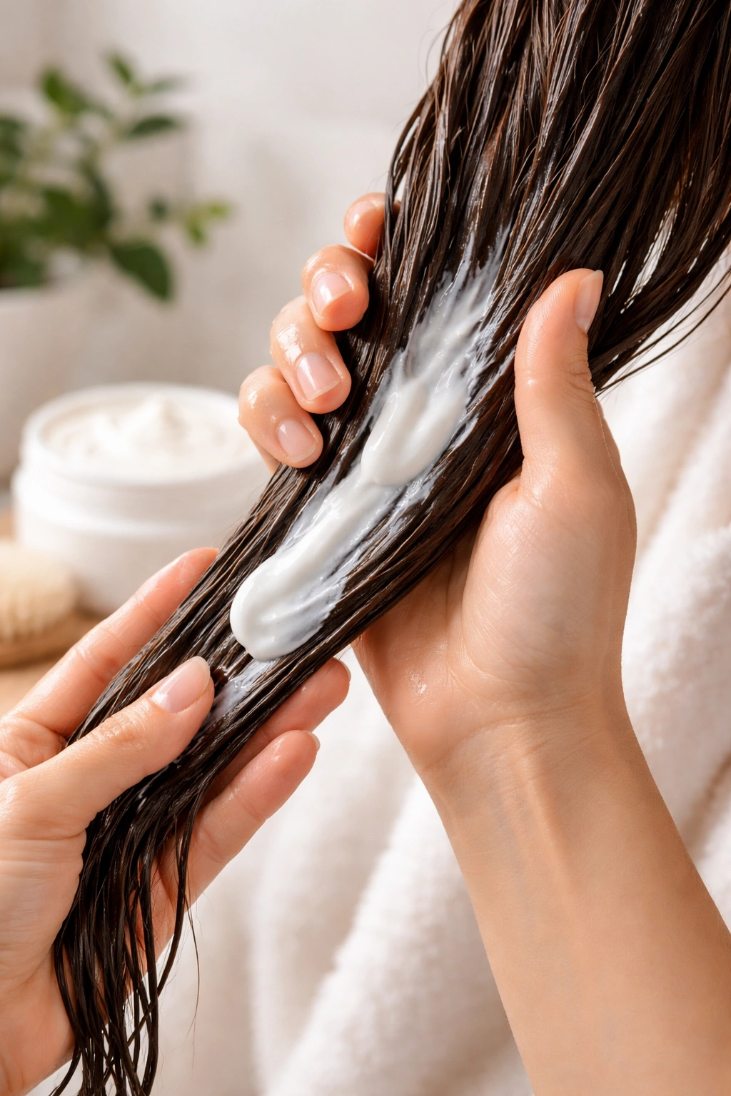 Hands applying deep-conditioning mask to hair strand