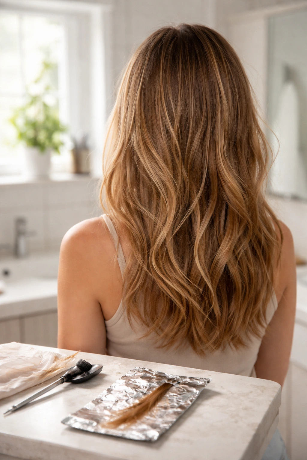 Person with dry hair preparing for highlighting with strand test foil