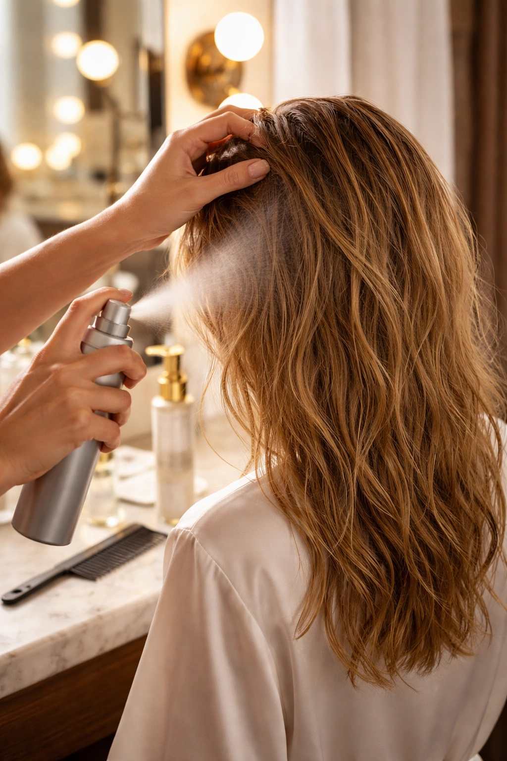 Hands applying texturizing spray to damp hair in a salon setup