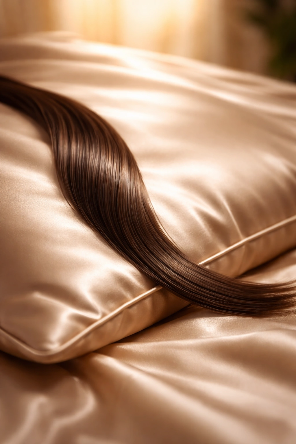 Healthy hair on a satin pillowcase with soft lighting.