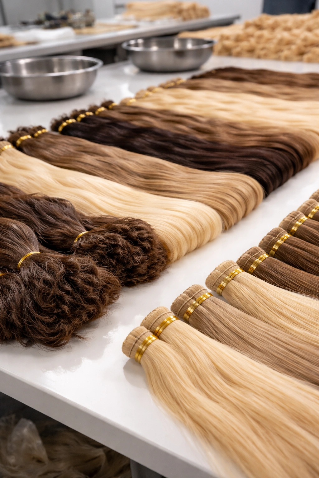 Raw hair bundles transitioning to finished wefts during processing