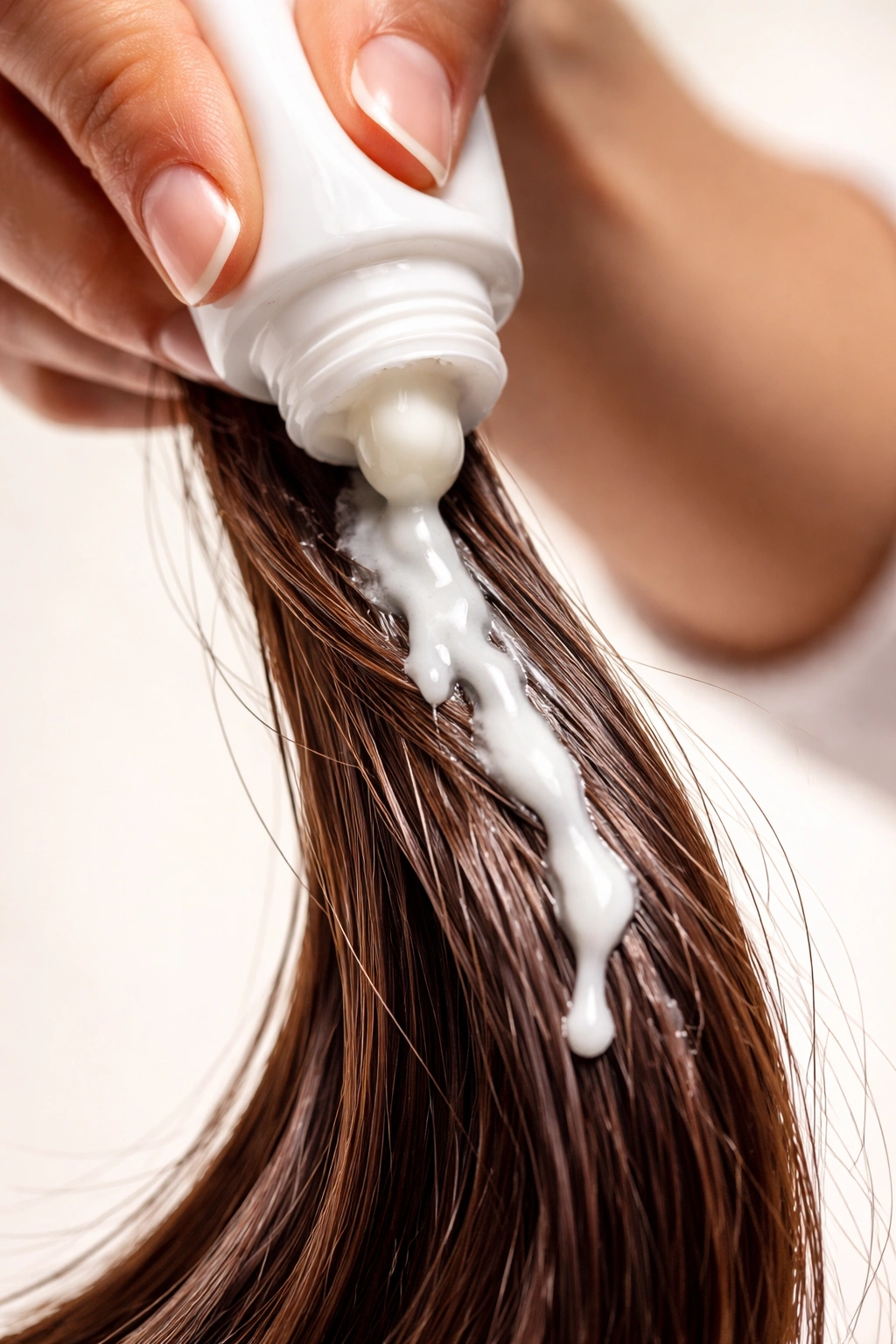 Hand applying too much hair product on a strand illustrating a moisturizing mistake