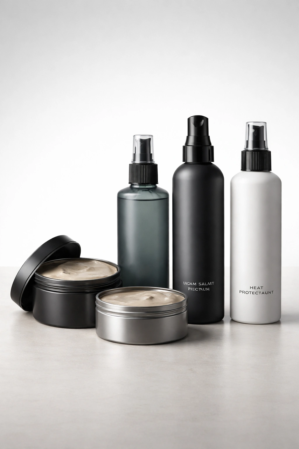 Lineup of hair styling products on a plain background