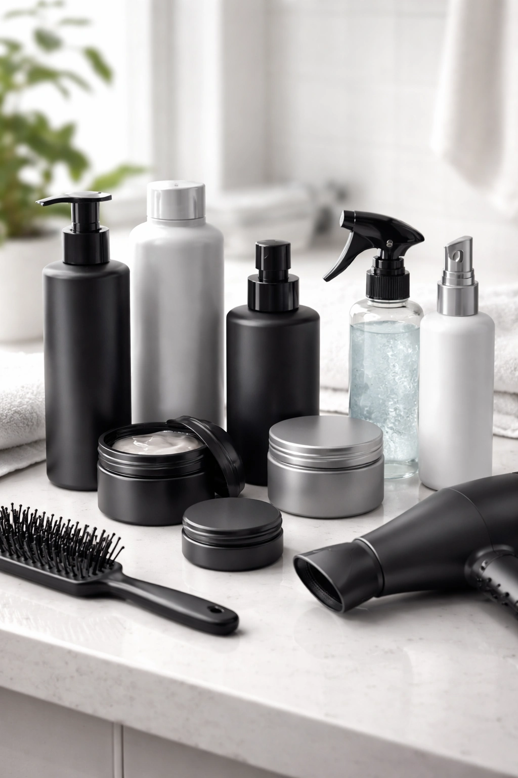 Unlabeled hair product bottles arranged on a vanity