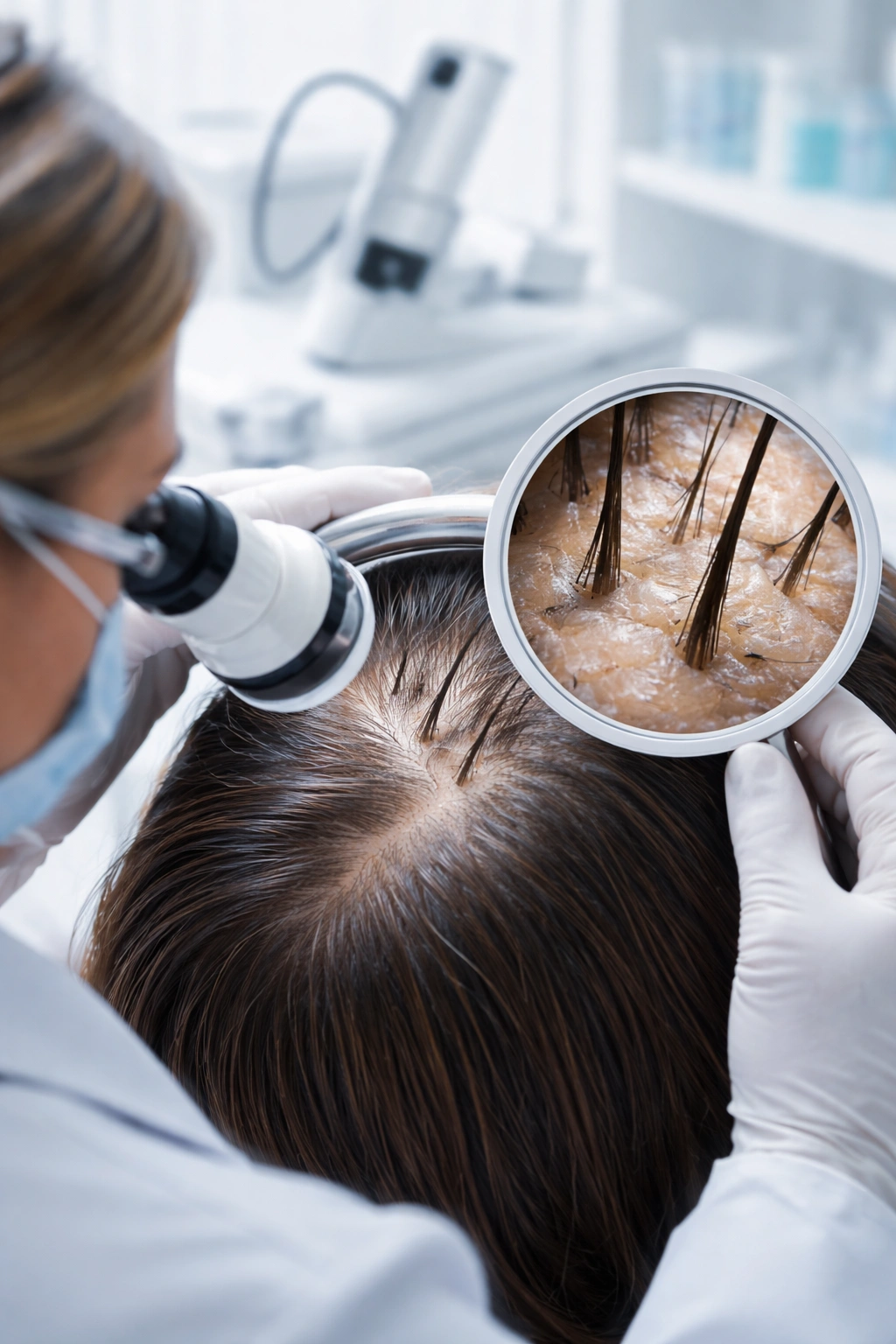 Scalp close-up with magnified follicles in a clinical setting.