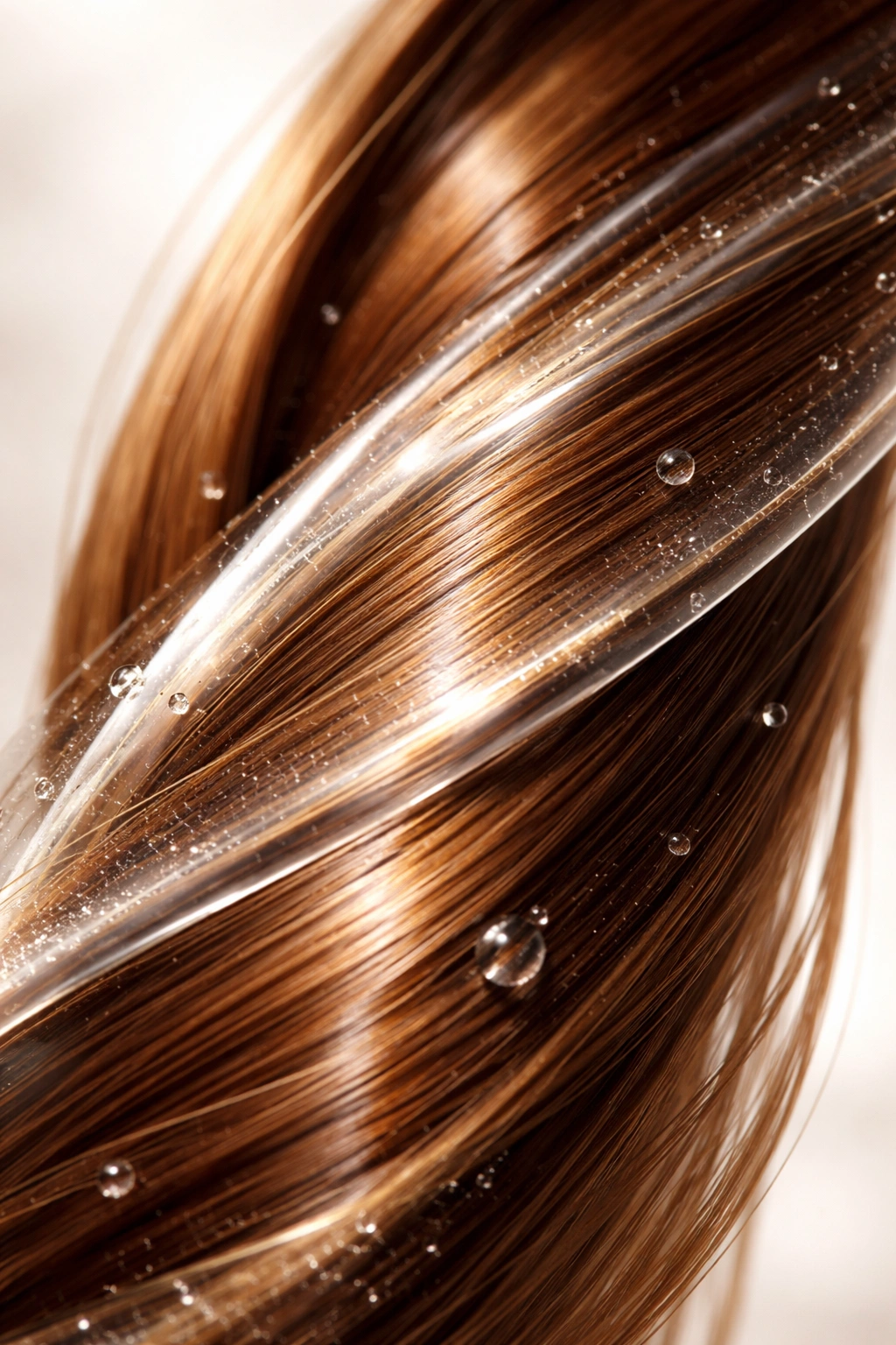 Close-up of glossy, hydrated hair with a protective bond-building coating to prevent damage