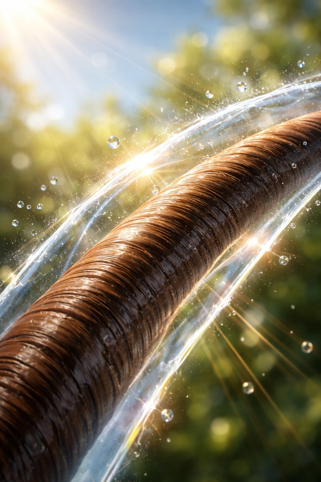 Hair strand with protective shield under sunlight