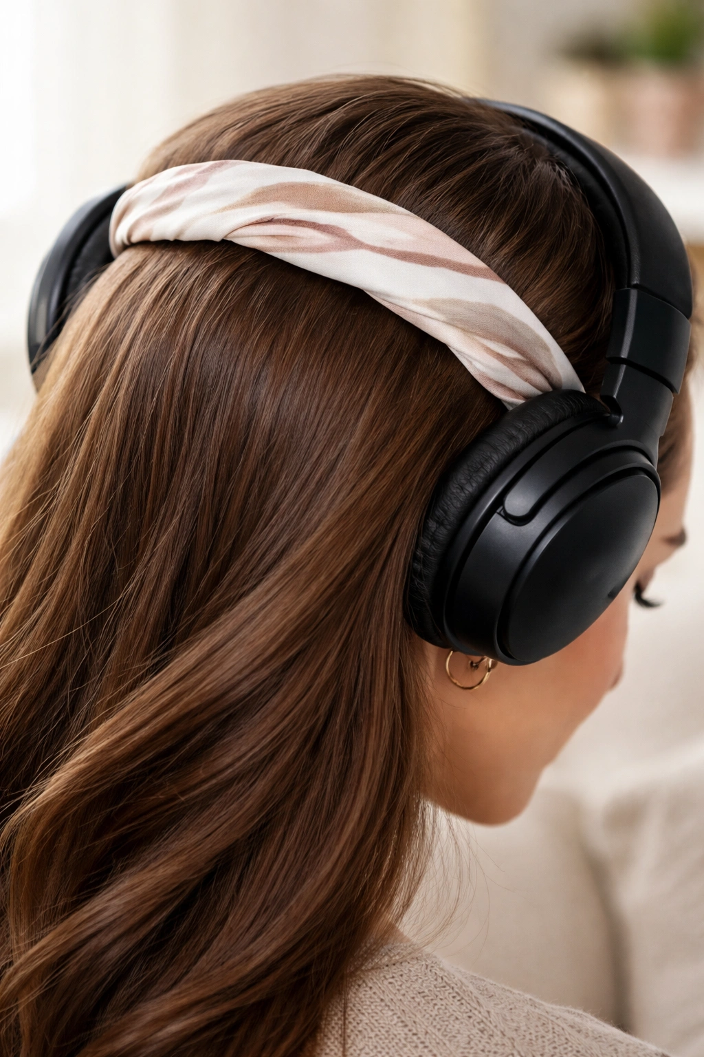 Over-ear headphones with silk barrier under headband protecting hair