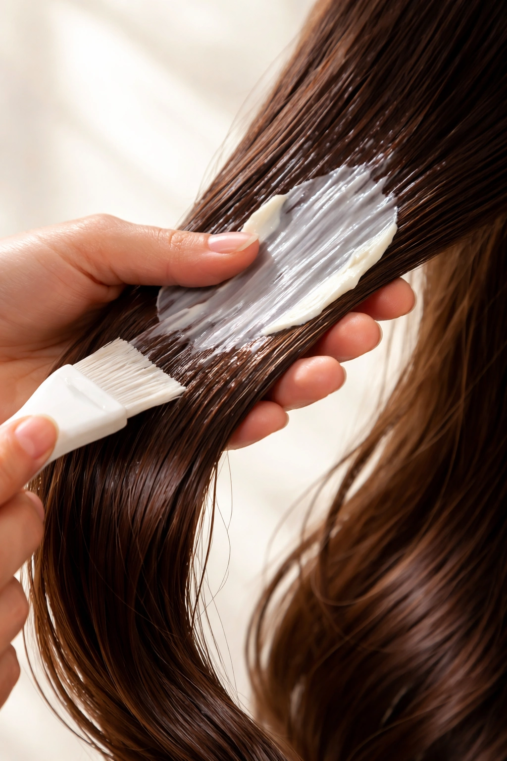Hand applying protective hair treatment to a single hair strand