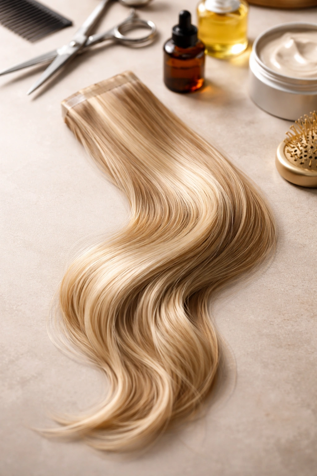 Single high-quality hair extension strand on neutral background