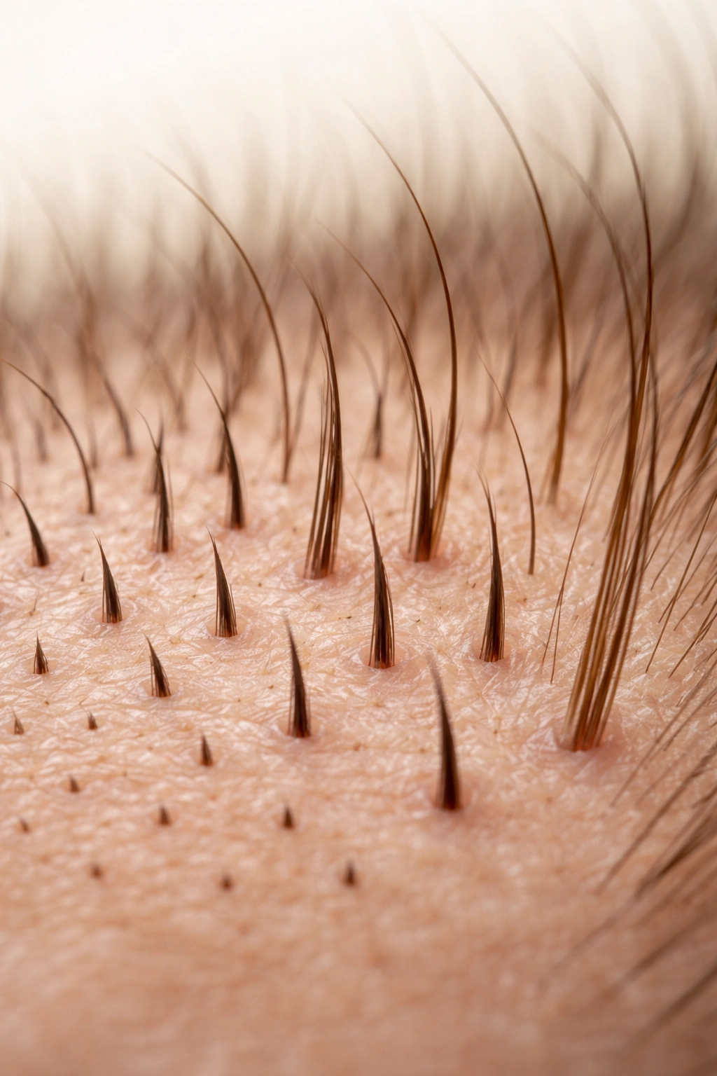 Scalp with varied regrowth textures from stubble to longer hair