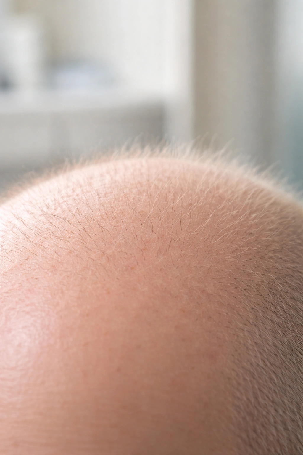 Scalp with fine baby fuzz showing hair regrowth after chemotherapy