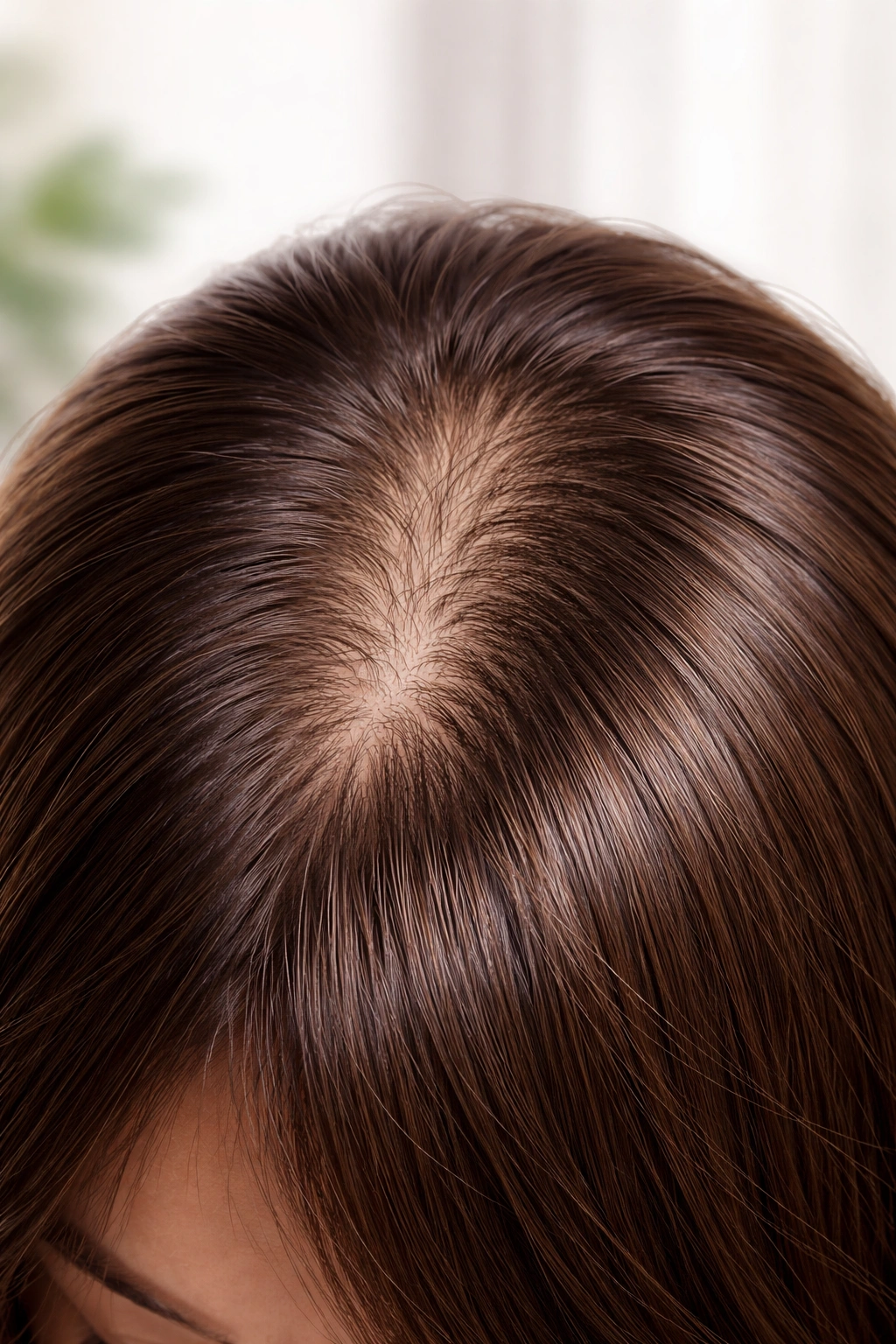 Close-up of a scalp with new hair growth, illustrating reversibility of estradiol-related hair loss.