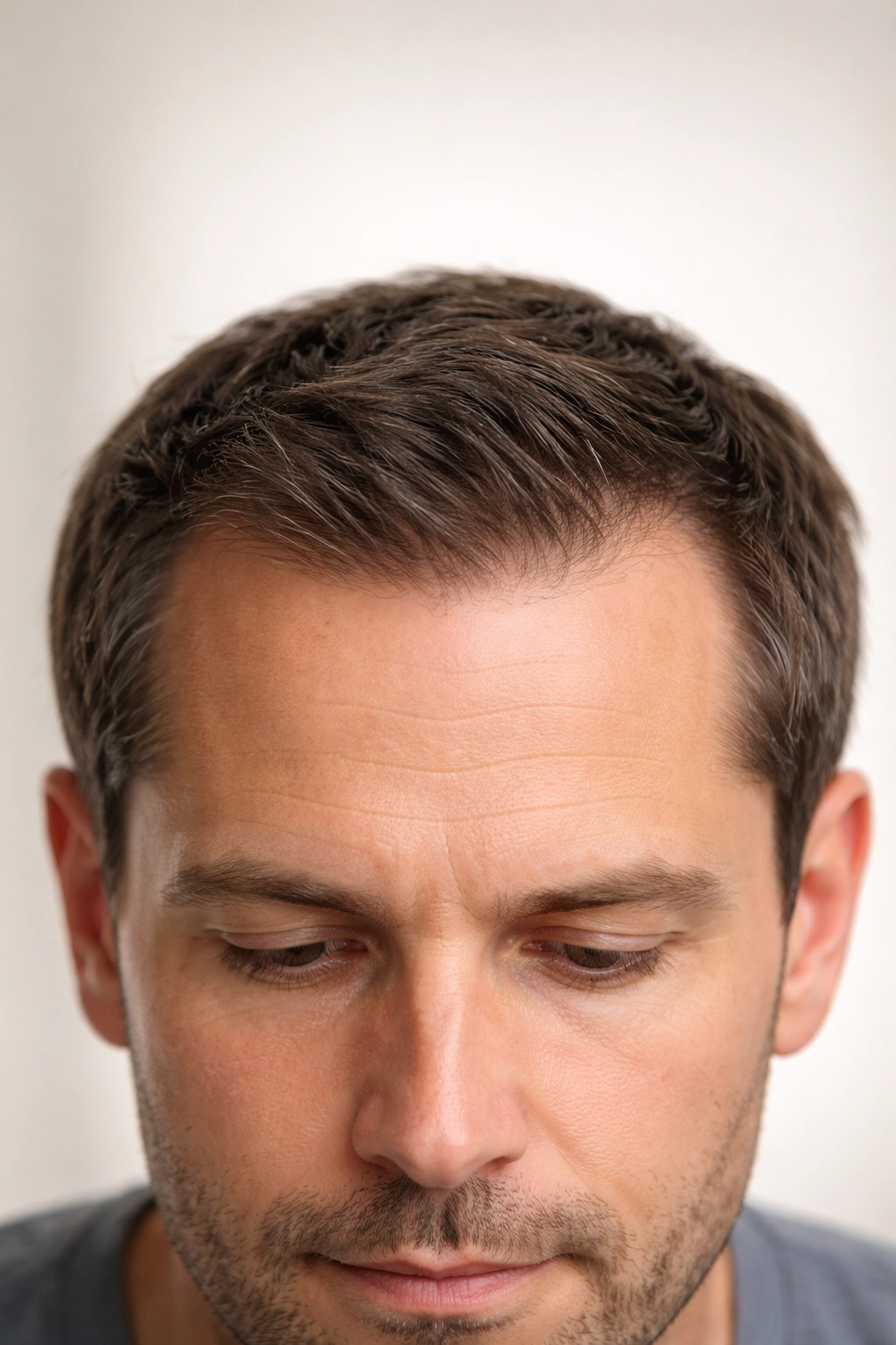 Close-up of a head with thinning temples and subtle regrowth, illustrating realistic hair regrowth expectations