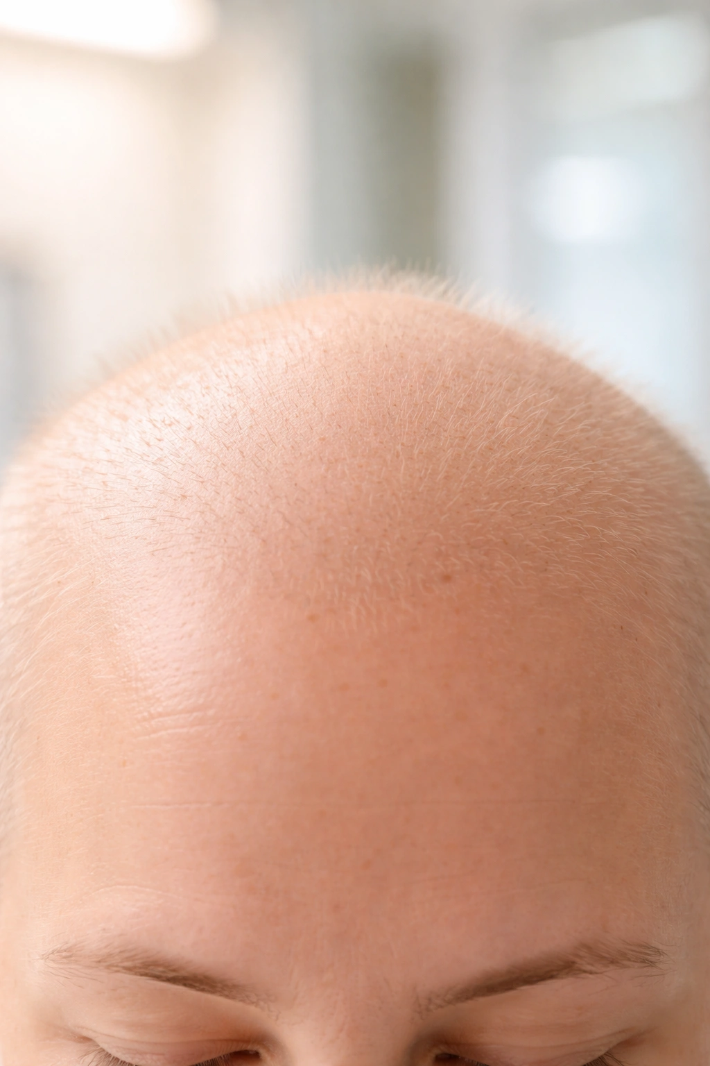 Scalp with delicate peach fuzz indicating hair regrowth after treatment