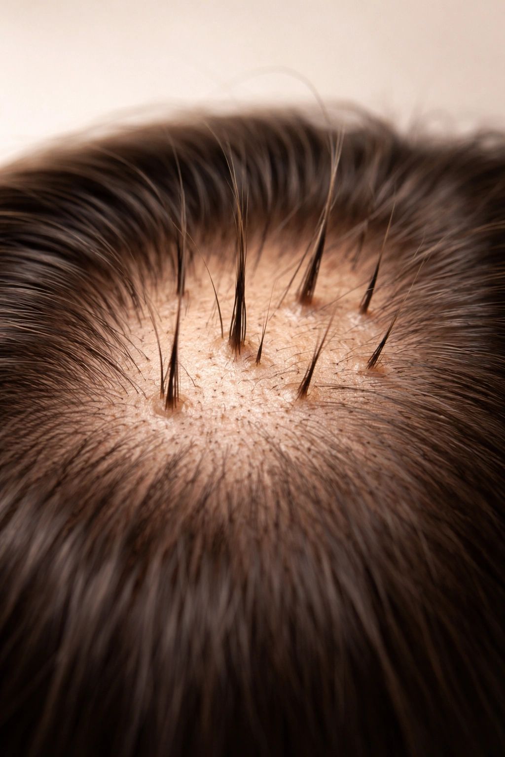 Close-up of scalp with new hair growth showing regrowth