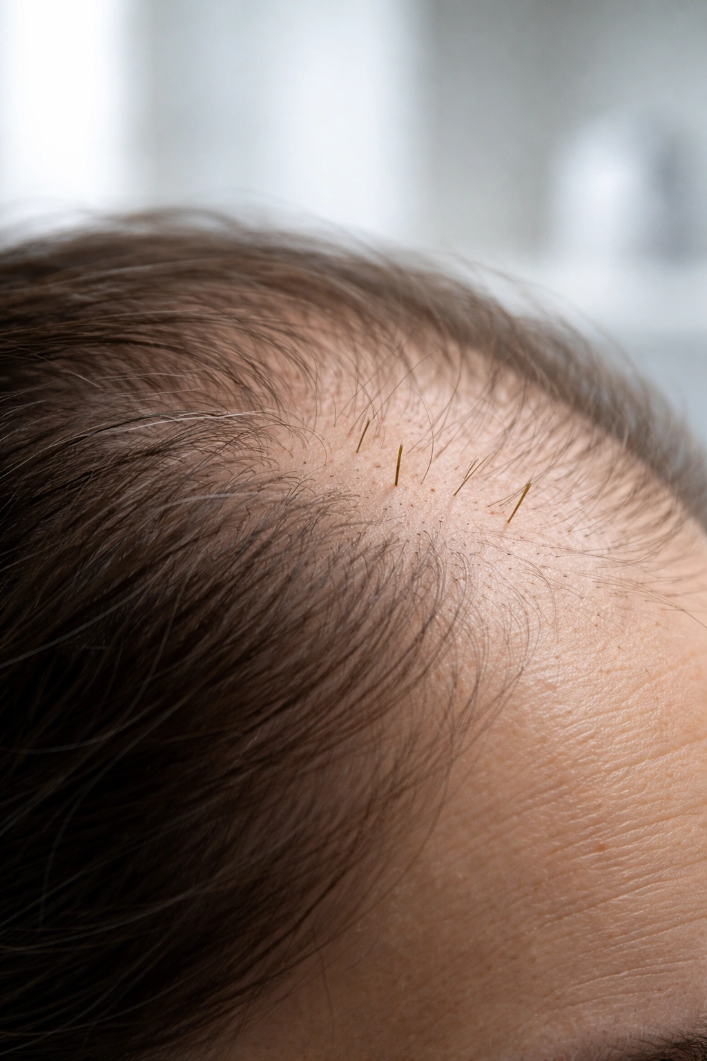 Scalp with new hairs sprouting among thinning strands