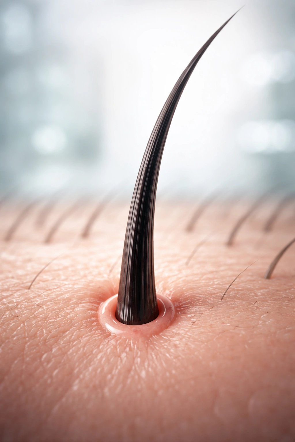 Hair follicle with a growing strand after stopping estradiol in a calm clinical setting