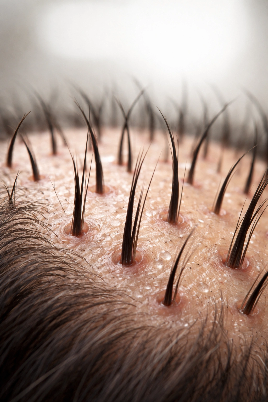 Close-up scalp with emerging hair regrowth