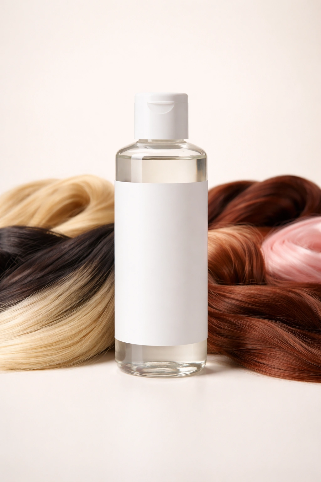 Single hair product bottle with blank label suggesting lack of regulatory disclosure