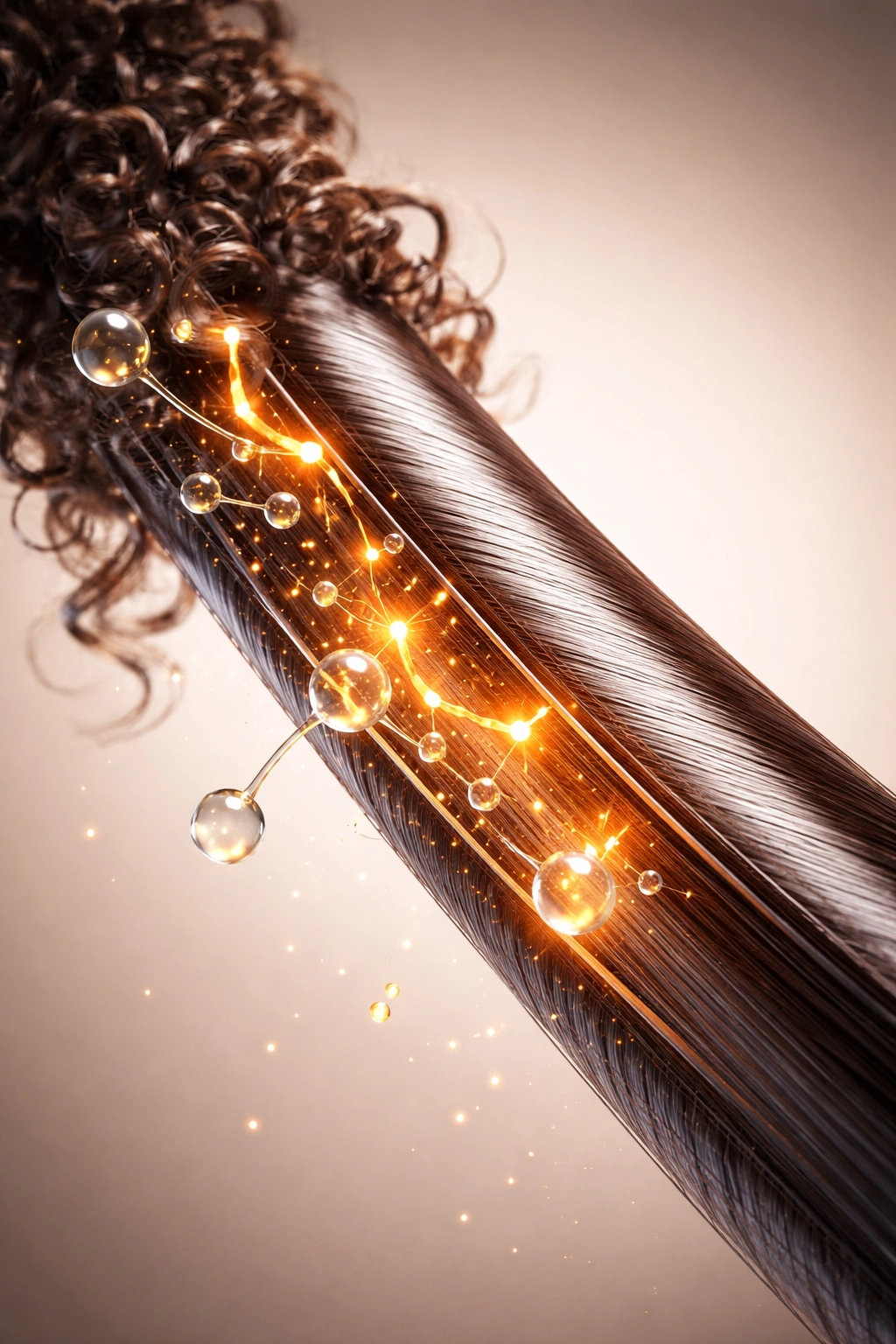 Macro close-up of a straight hair strand illustrating relaxed hair processing.