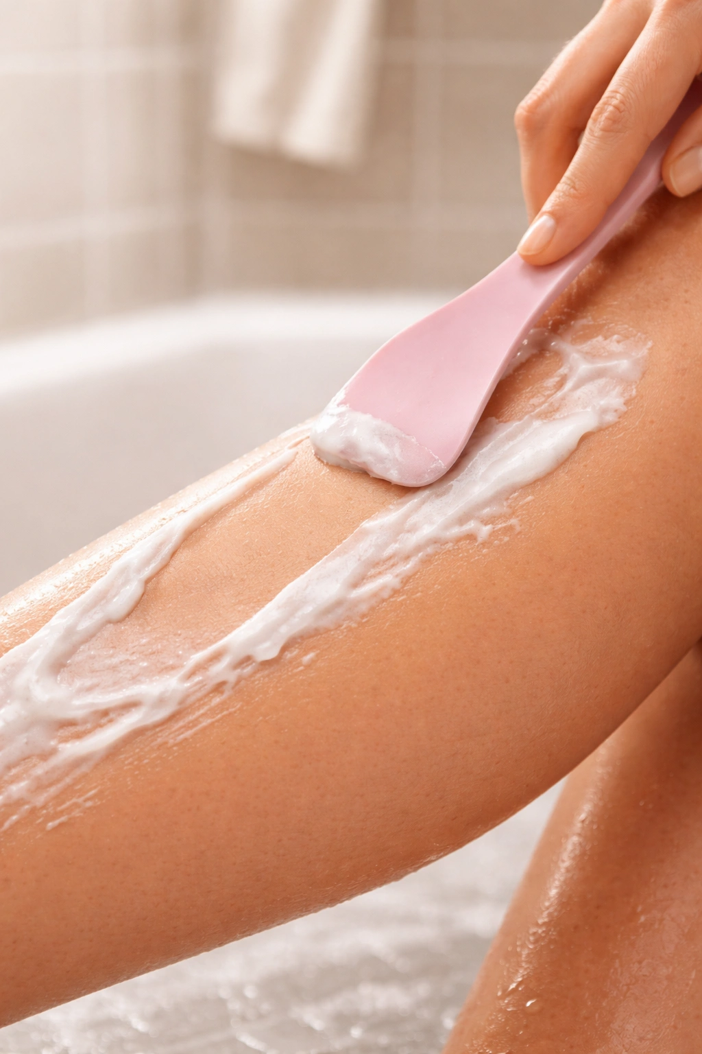 Close-up of curved spatula removing cream from leg skin during hair removal