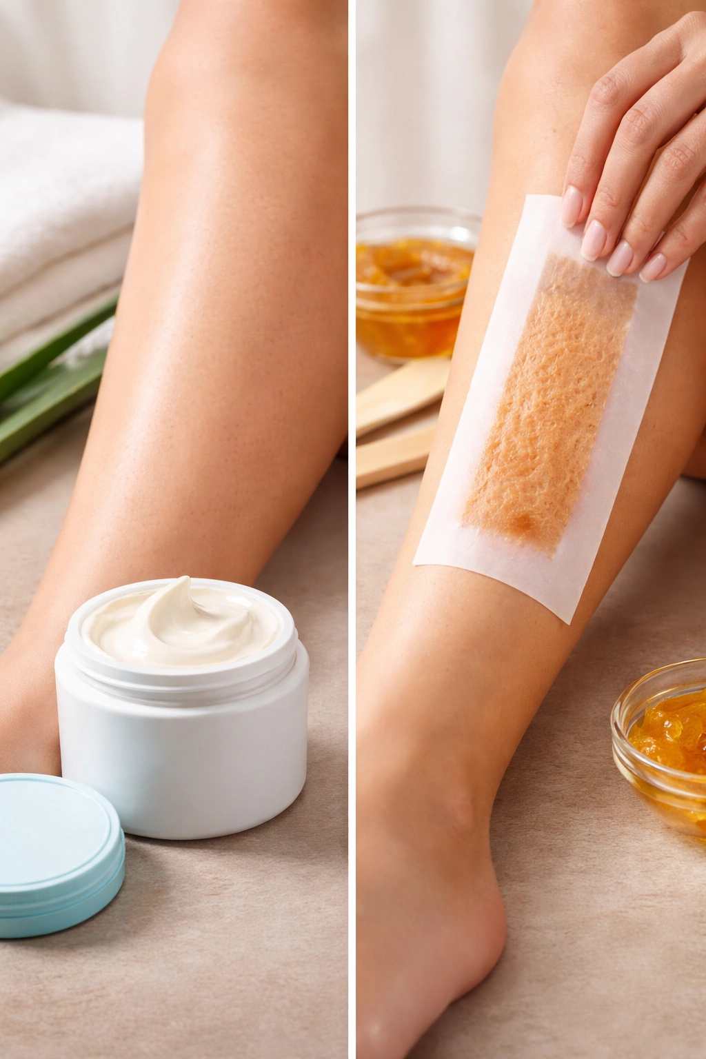 Split-frame comparison of cream and other hair removal methods without text