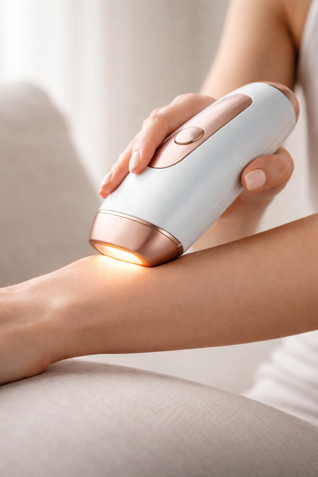 Handheld IPL device used on skin during treatment on a bare surface.