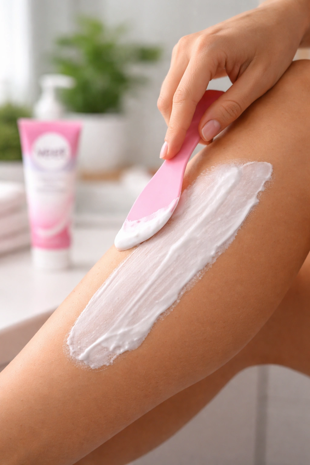 Leg skin being treated with hair removal cream using a spatula in a bathroom
