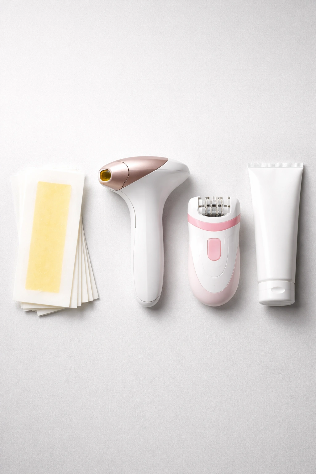 Studio still life of four hair removal method items on a neutral background