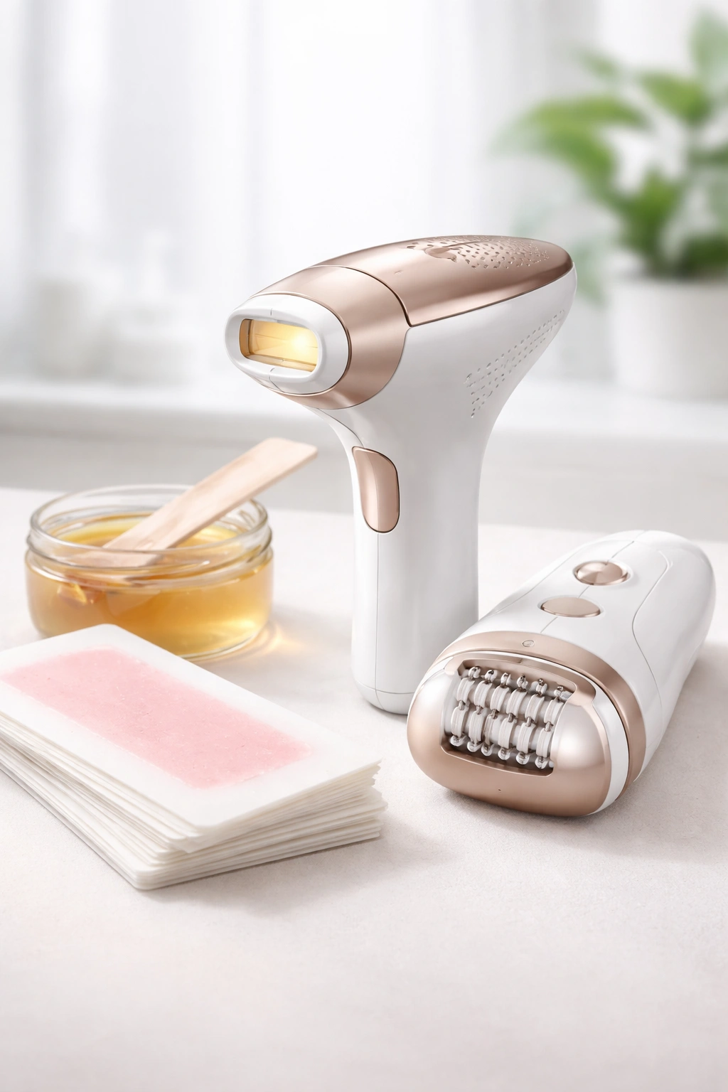 Close-up of wax strip, laser device, and epilator on a neutral background