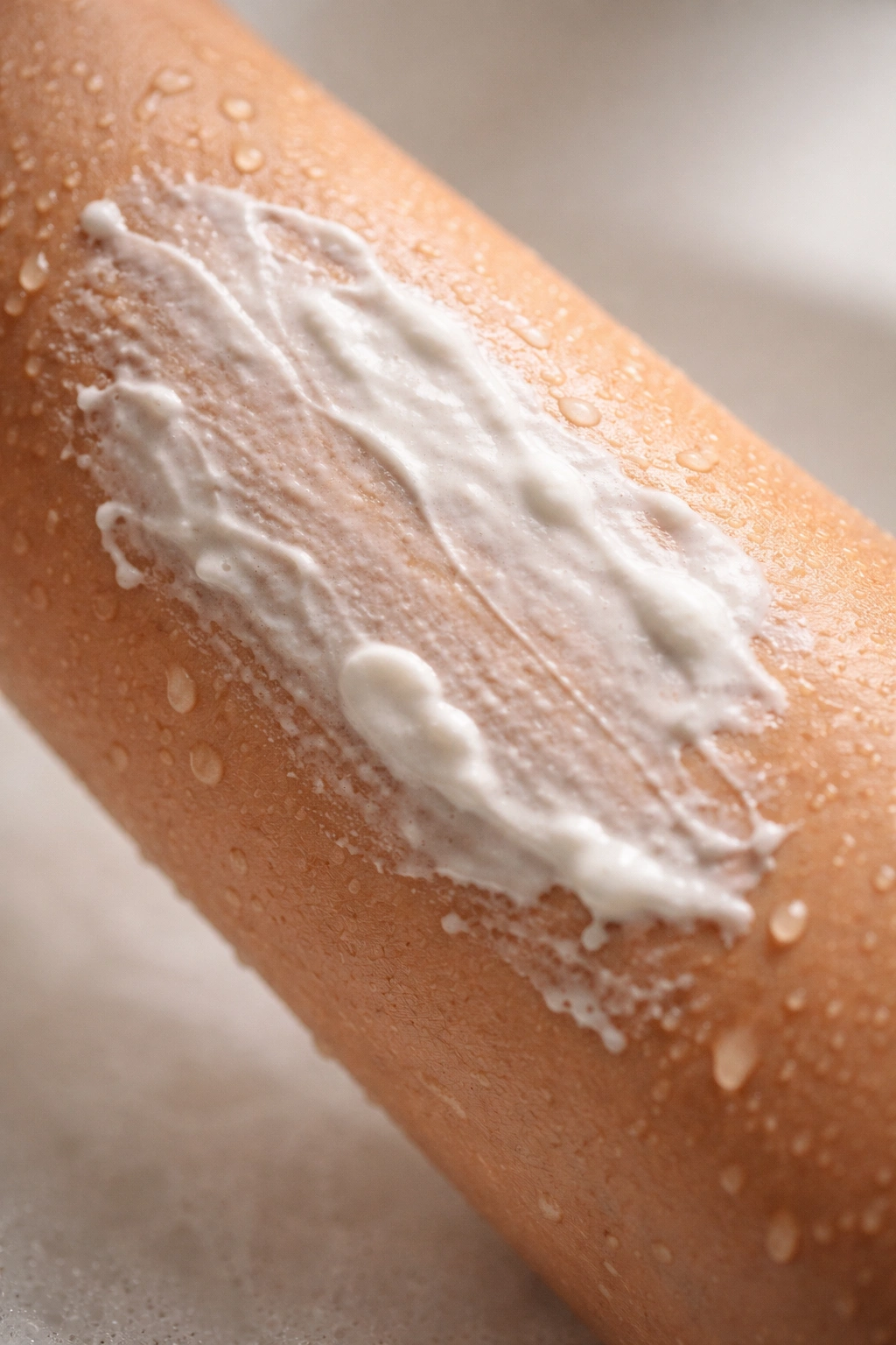 Forearm with damp skin and uneven cream application showing common mistakes