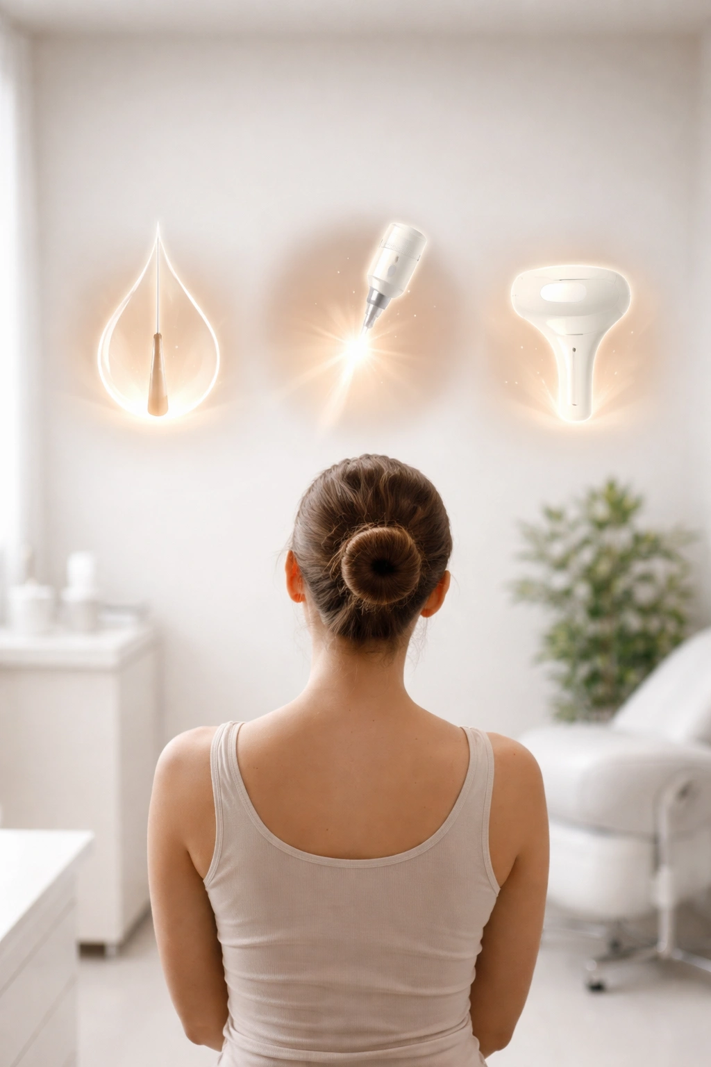 Person evaluating permanent hair removal options in a clinical setting with three abstract symbols