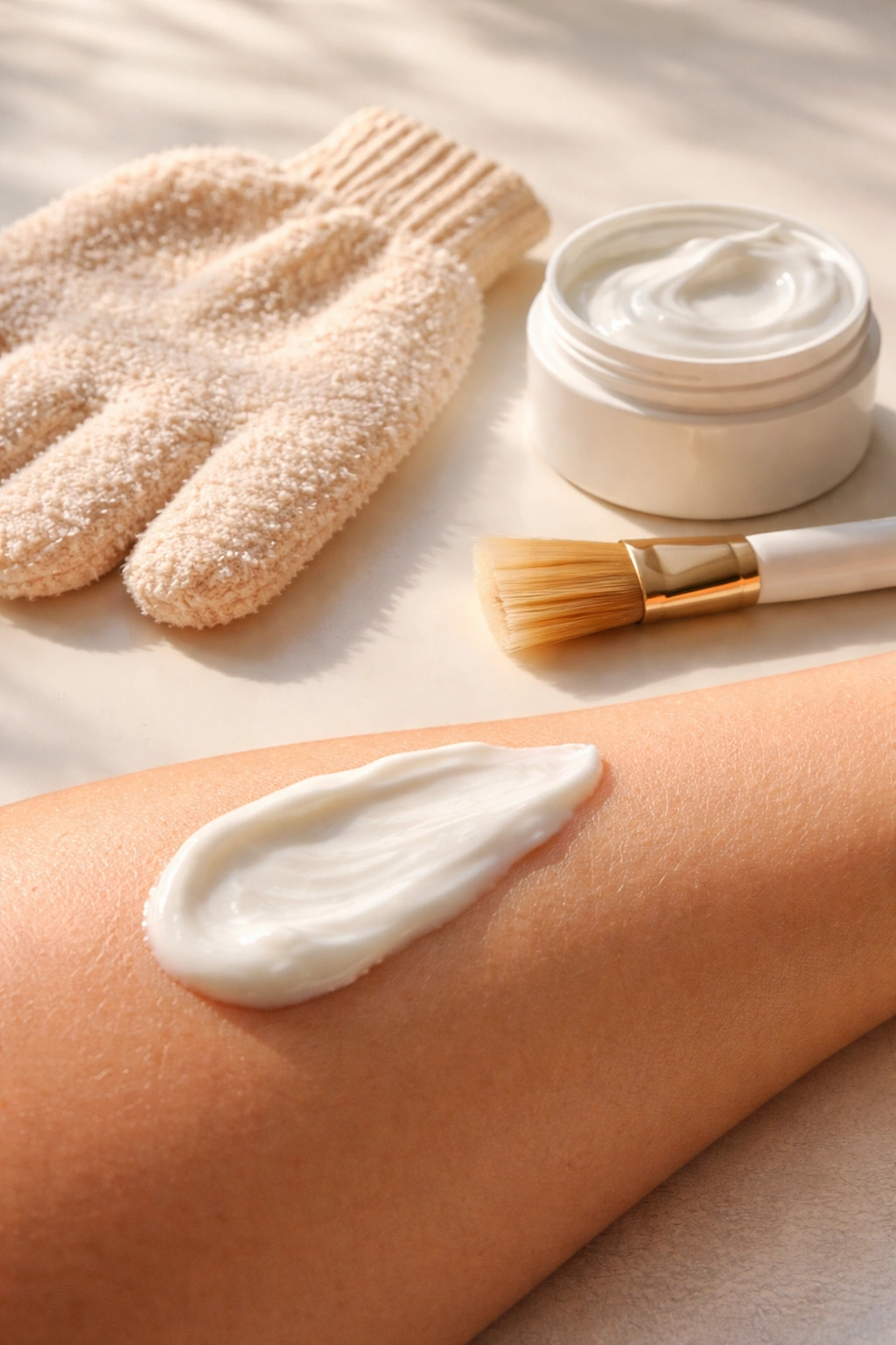 Still life showing tips to extend hair removal results: cream, exfoliating glove, and applicator