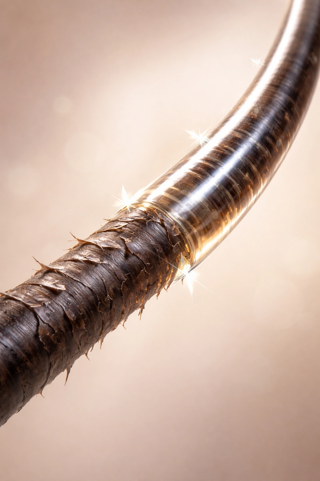 Hair strand with glossy coating suggesting repair