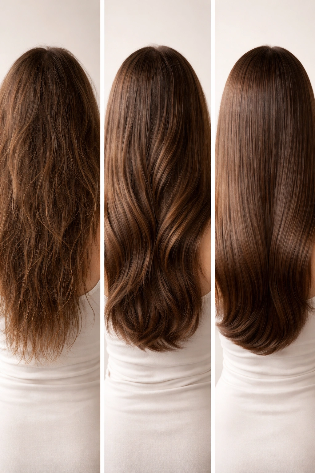 Triptych showing hair repair progression from dry/frizzy to healthy, smooth hair