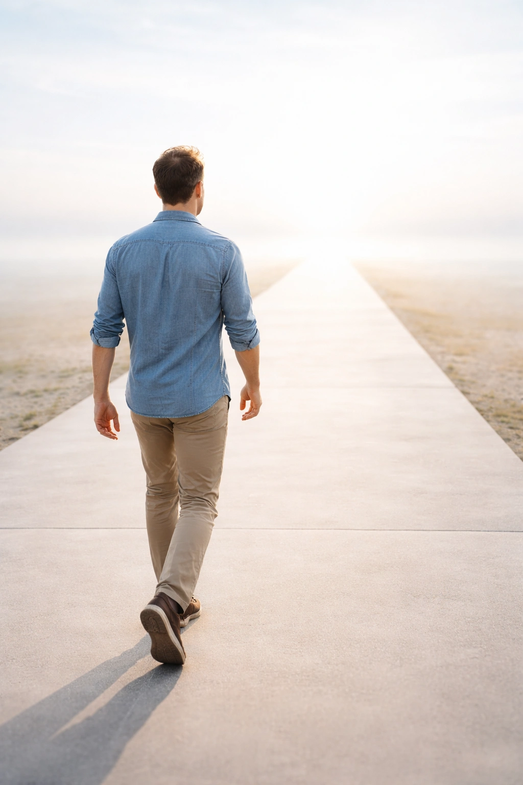 Person moving forward along a clean path, symbolizing next steps in hair restoration consultations and budgeting
