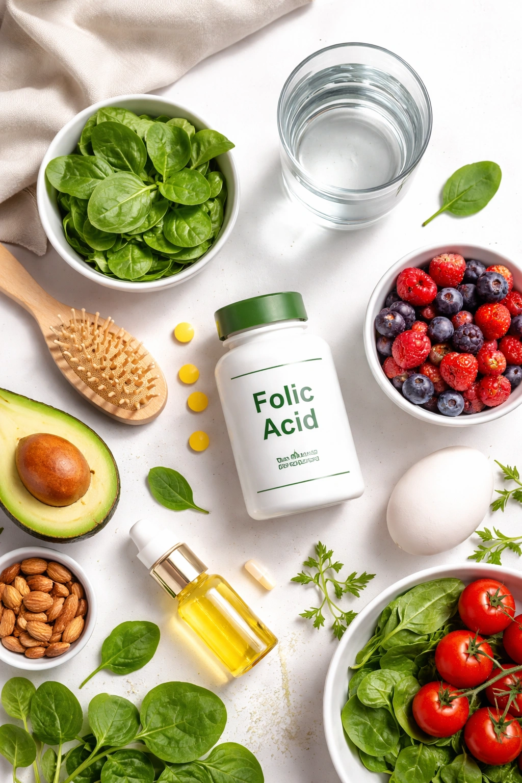 Flat lay with folic acid bottle and glass of water