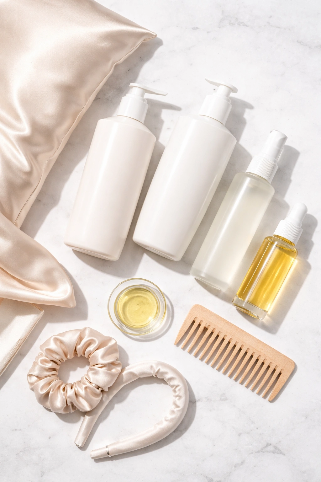 Top-down view of unlabeled hair care bottles and a satin pillowcase arranged for an anti-static routine.